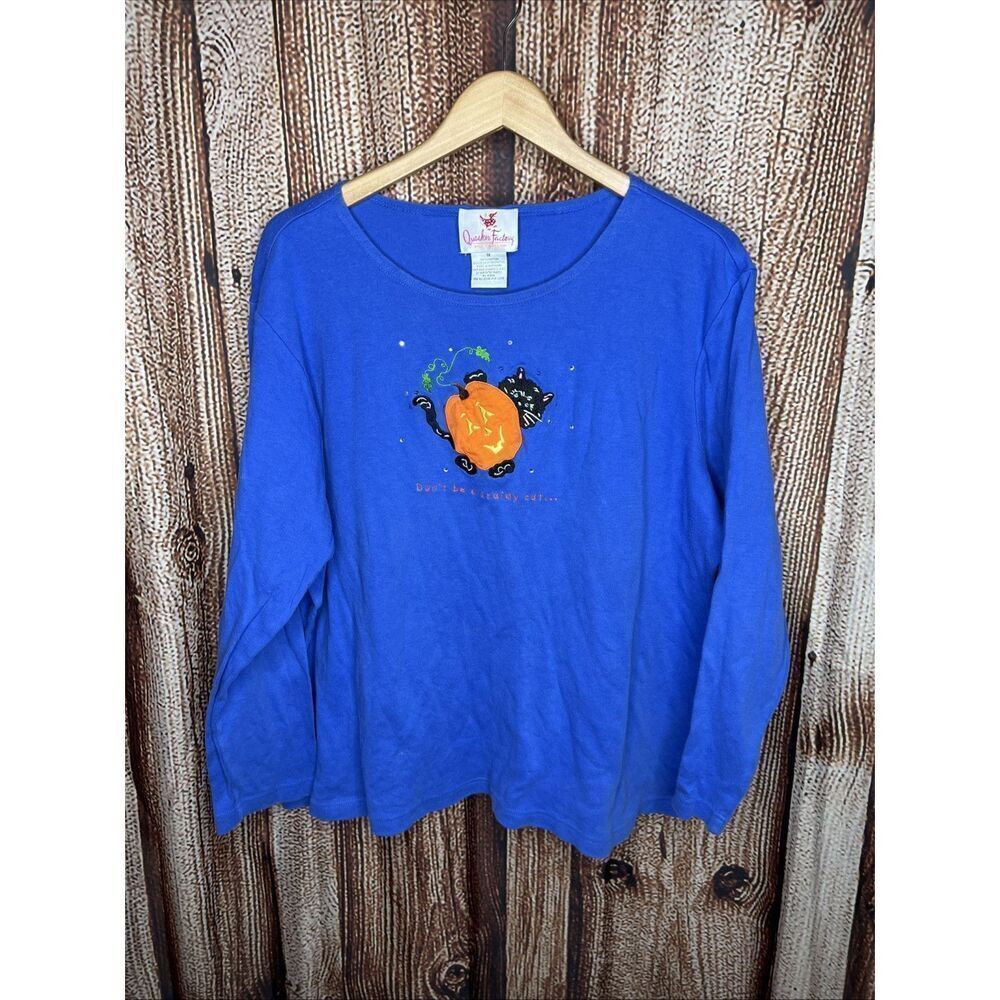 Quacker Factory Black Cat Pumpkin Embroidered Halloween Long Sleeve Shirt 1X